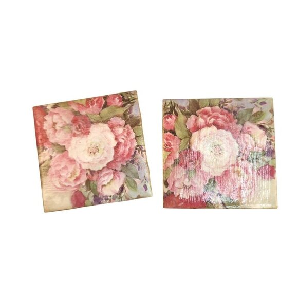 Handcrafted Pink Garden Rose Floral Ceramic Coasters With Cork Backing set of 2, - Picture 1 of 6